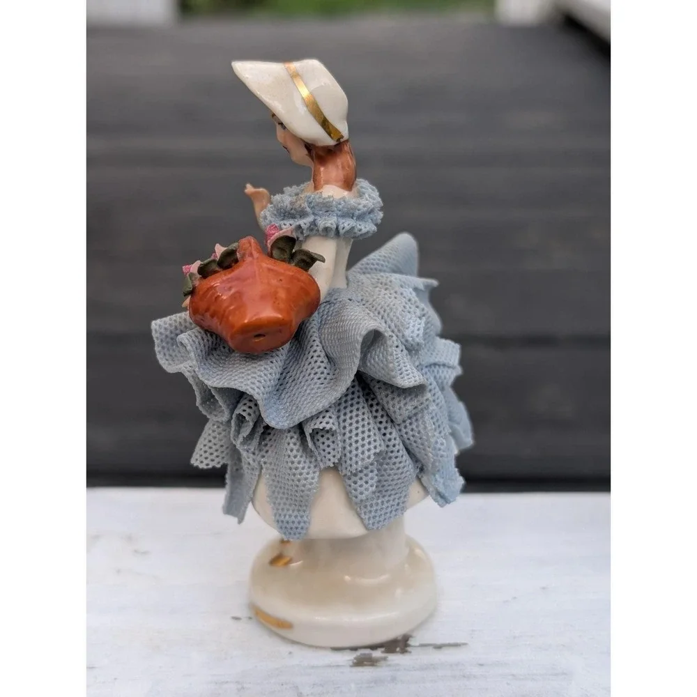 Vintage Dresden Porcelain Lace Figurine Carrying Basket of Flowers